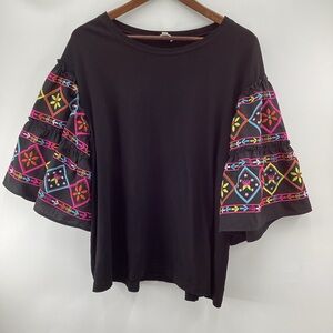 ODDY Black Blouse with Multicolor Embroidered Tiered Sleeves